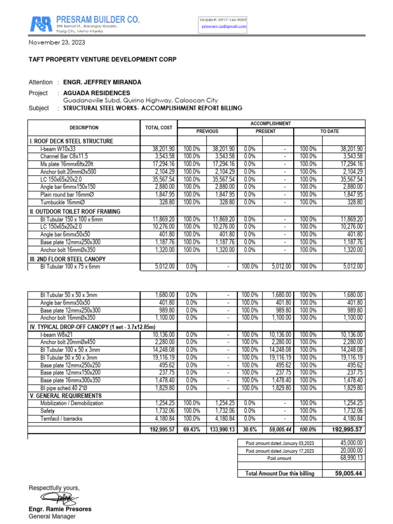 Aguada Structural Billing - Accomplishment Report | PDF | Structural ...