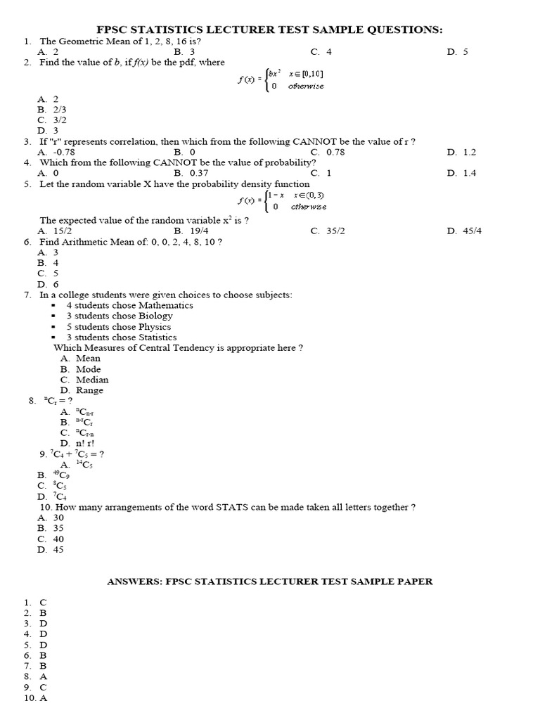 Fpsc statistics lecturer test sample questions pdf mean odds