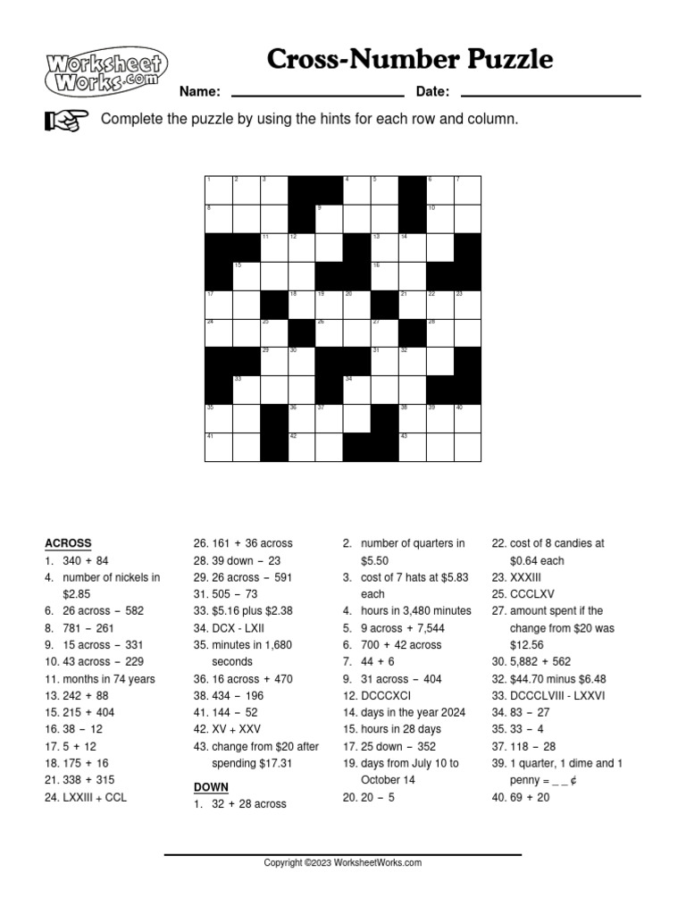 Cross-Number Puzzle Worksheet | PDF