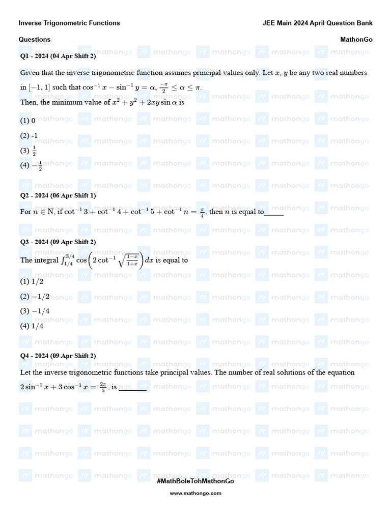 Inverse Trigonometric Functions JEE Main 2024 April Question Bank | PDF ...