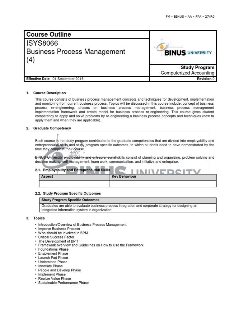 Business Process Management Course Outline | PDF | Business Process ...