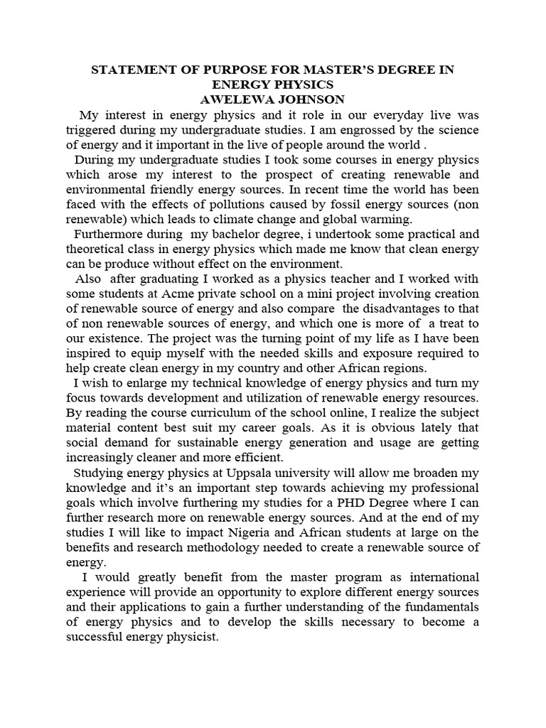 Master's in Energy Physics Statement | PDF | Energy Development ...