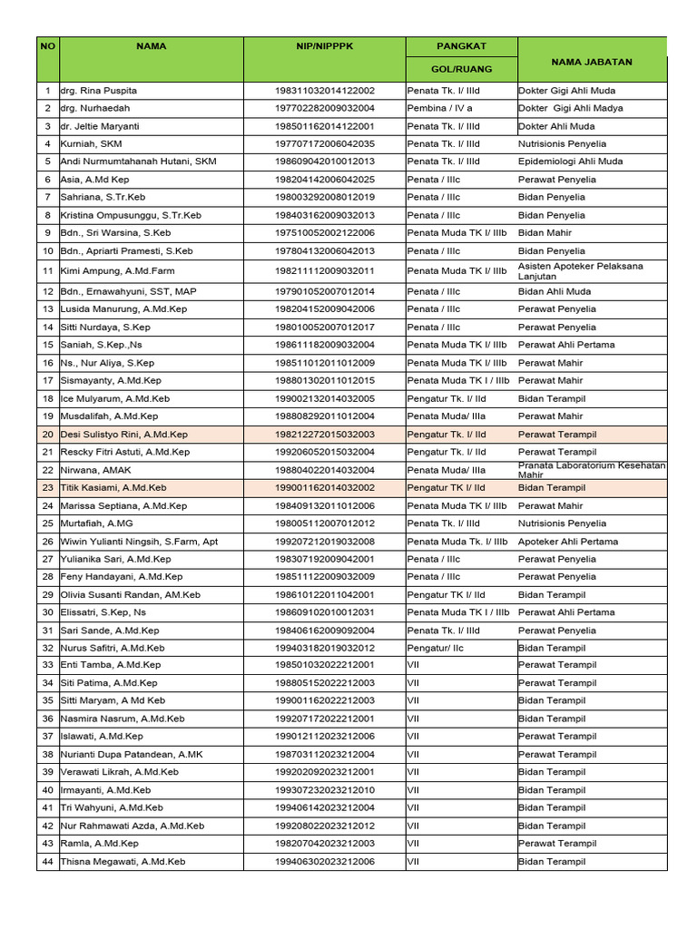 Daftar Pegawai Kesehatan dan Jabatan | PDF