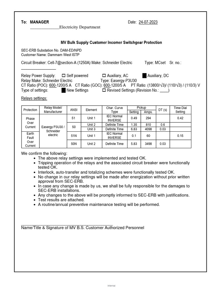 Relay Settings Form For Utility Incomer 1 Pdf Relay Electronics