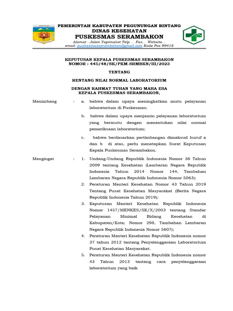 SK Rentang Nilai Normal Laboratorium | PDF