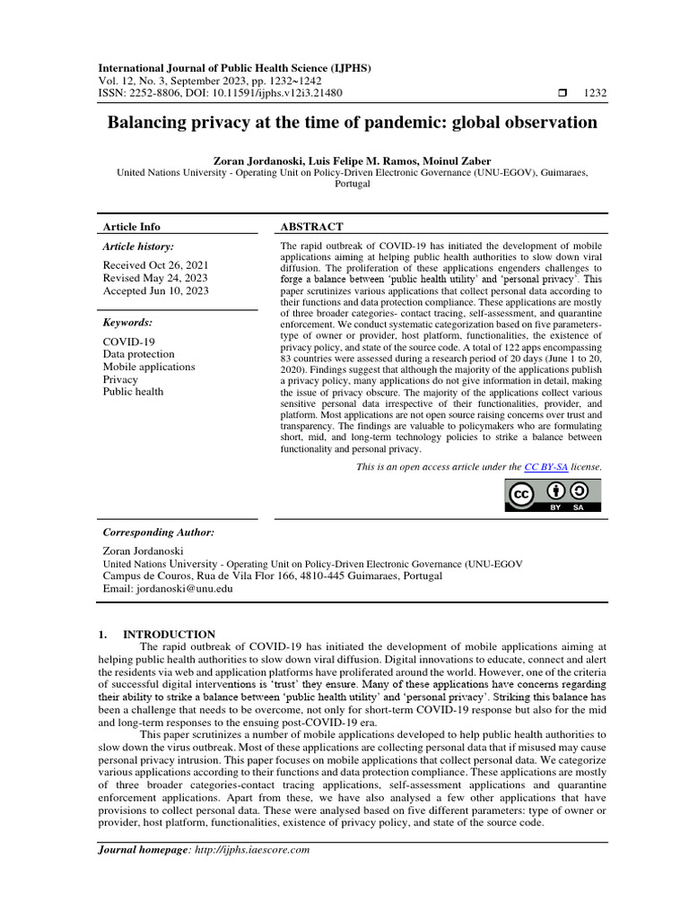 Balancing Privacy at The Time of Pandemic: Global Observation | PDF ...