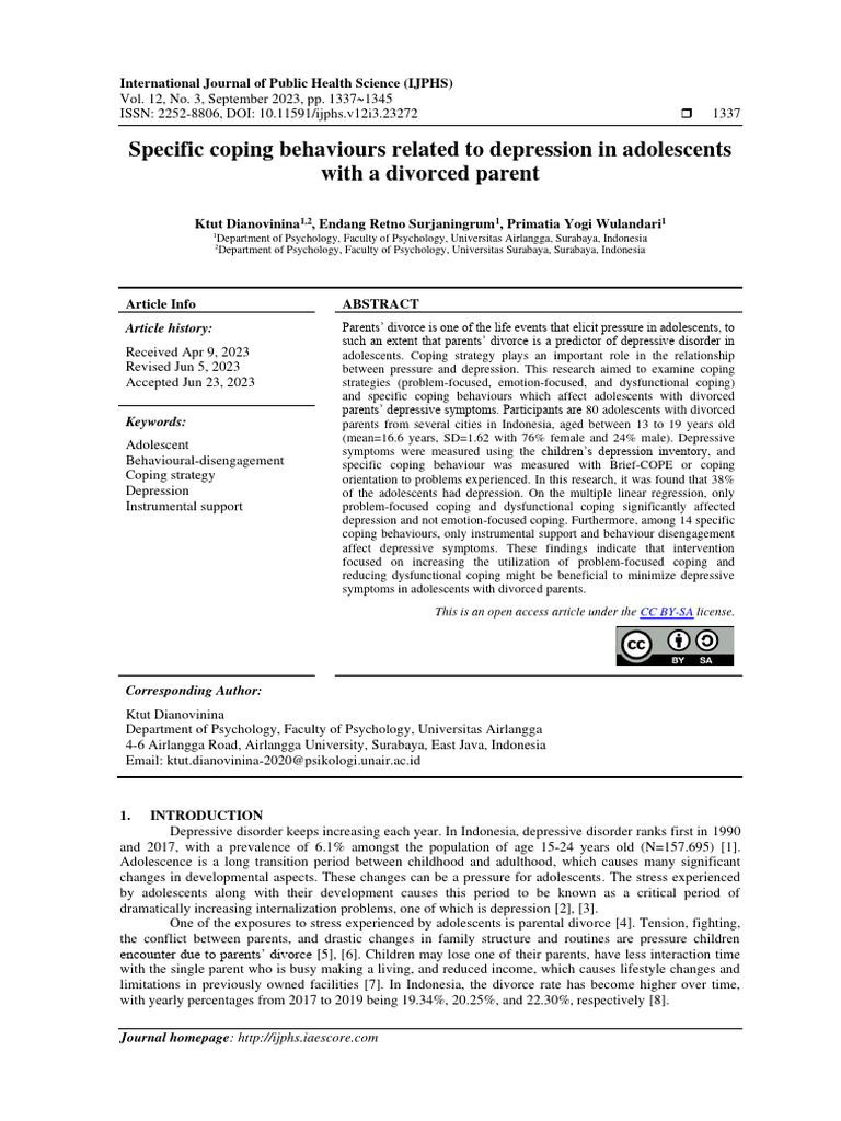Specific Coping Behaviours Related To Depression in Adolescents With A ...