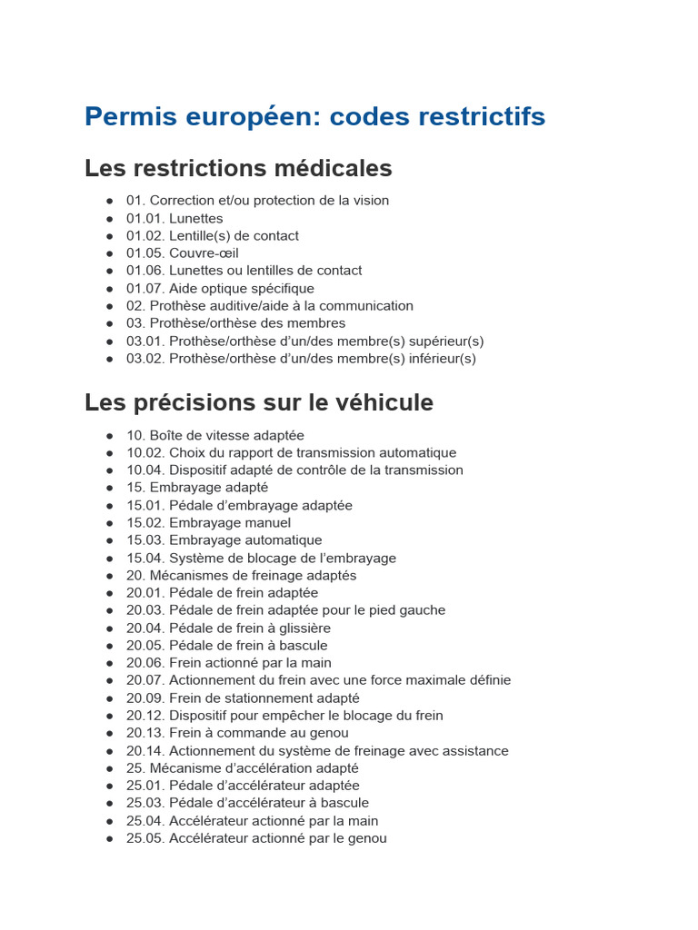 Codes restrictifs du permis européen | PDF | Frein | Technologies ...