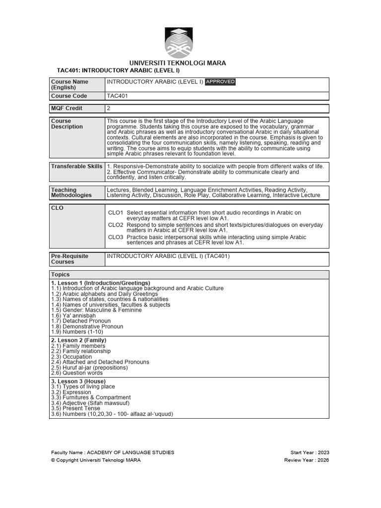 Course INTRODUCTORY ARABIC (LEVEL I) | PDF | Arabic | Grammatical Tense