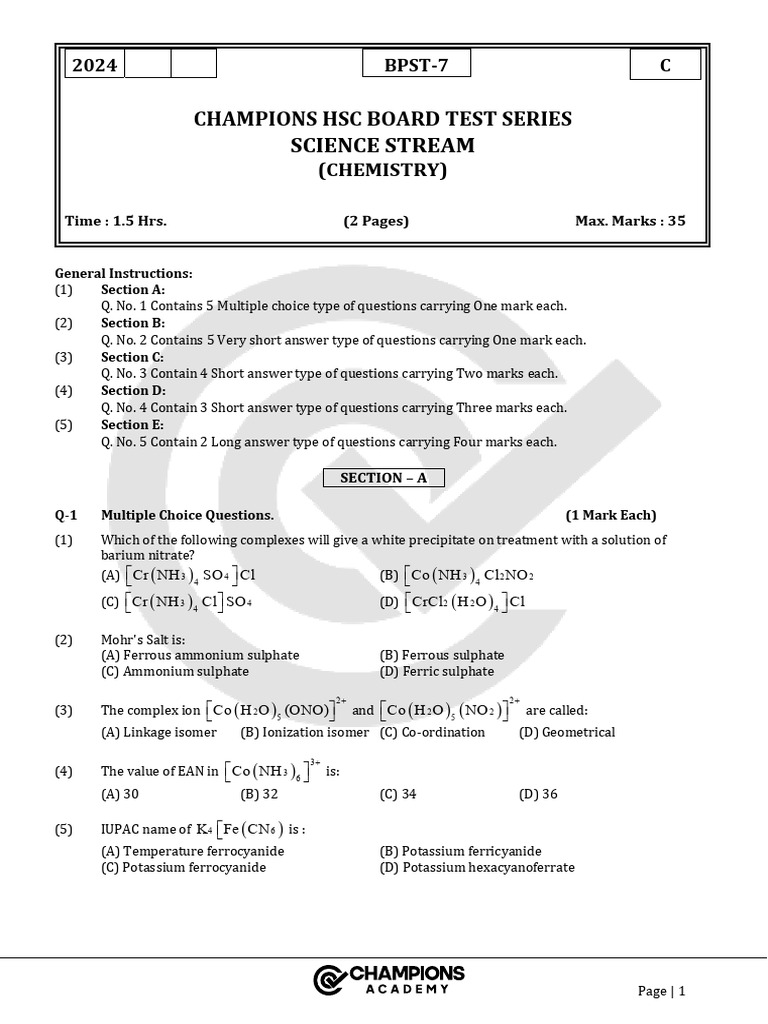 BPST 7c HSC Questions | PDF | Coordination Complex | Ligand