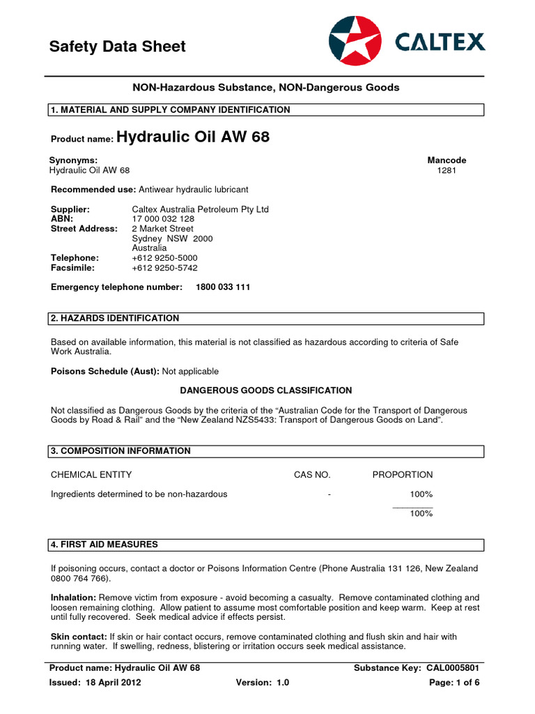 Hydraulic Oil AW 68 Safety Data Sheet | PDF | Dangerous Goods ...