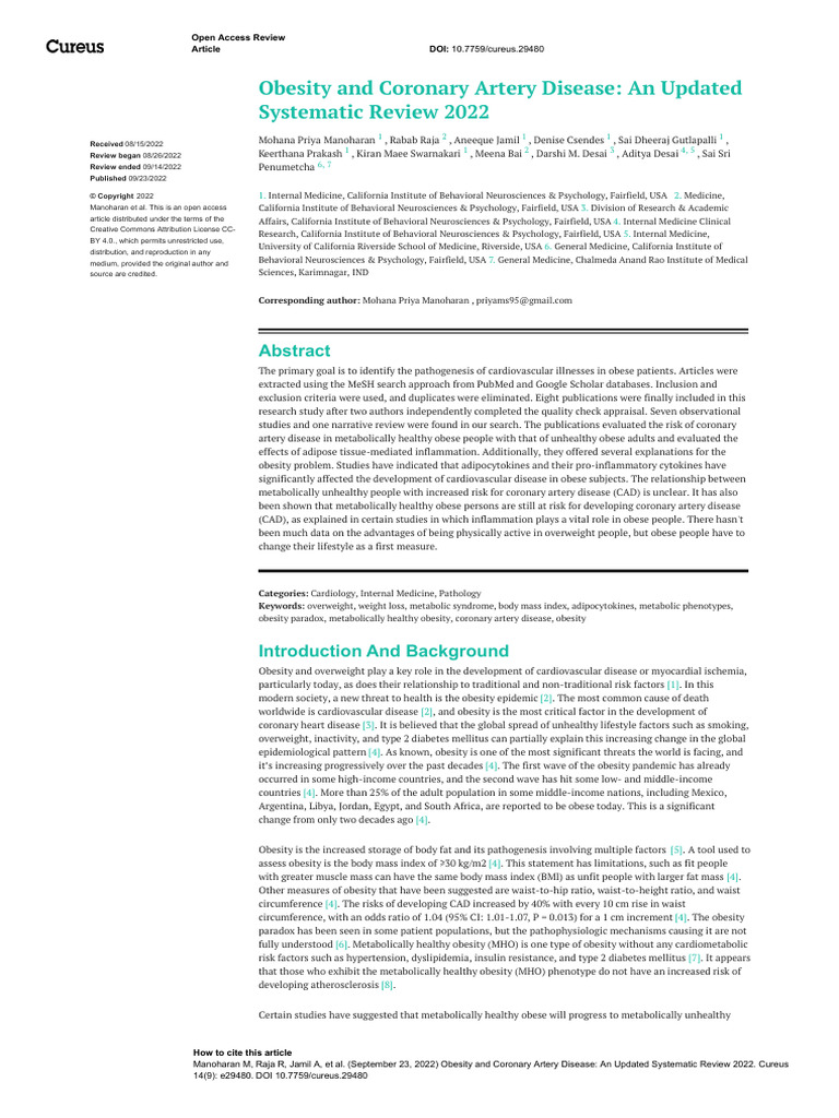 Obesity And Coronary Artery Diases Pdf Obesity Coronary Artery