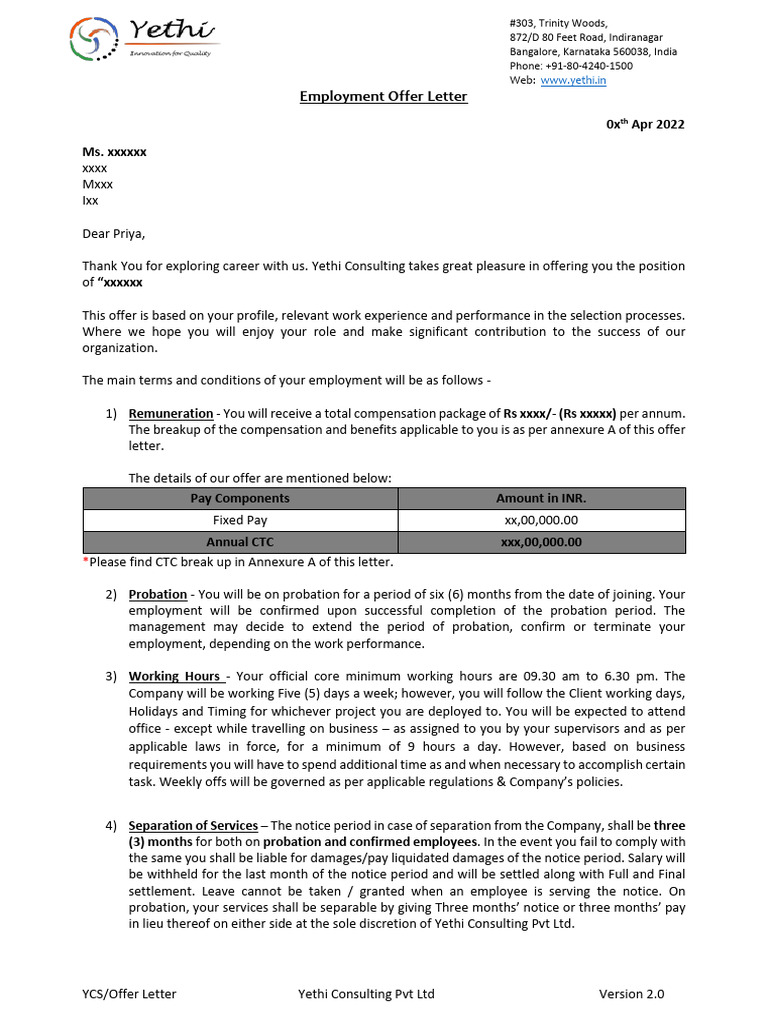 Normal Offer Letter Sample - Ms. XXXXXXXXXX - Yethi Employment Offer ...