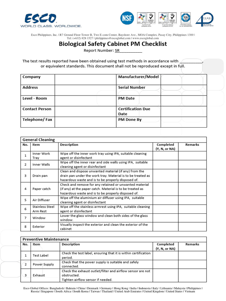 Biological Safety Cabinet PM Checklist | PDF | Equipment | Manufactured ...