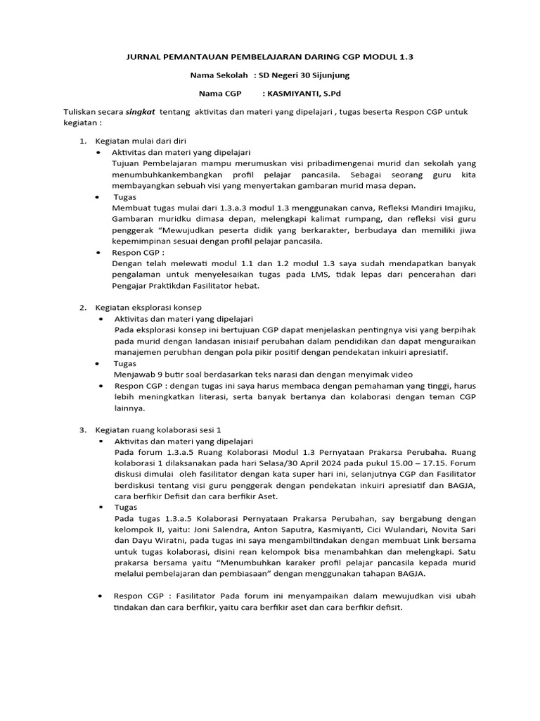 Pemantauan Pembelajaran Daring CGP Modul 1.3 | PDF | Karier & Perkembangan