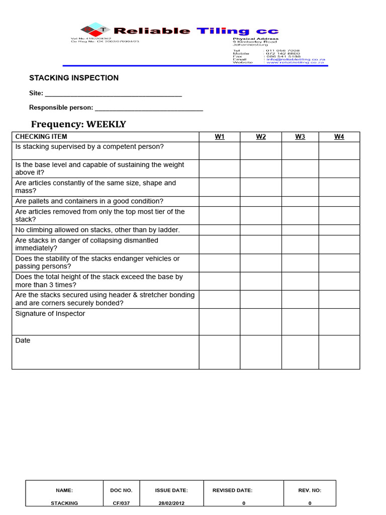 Weekly Stacking Inspection Checklist | PDF