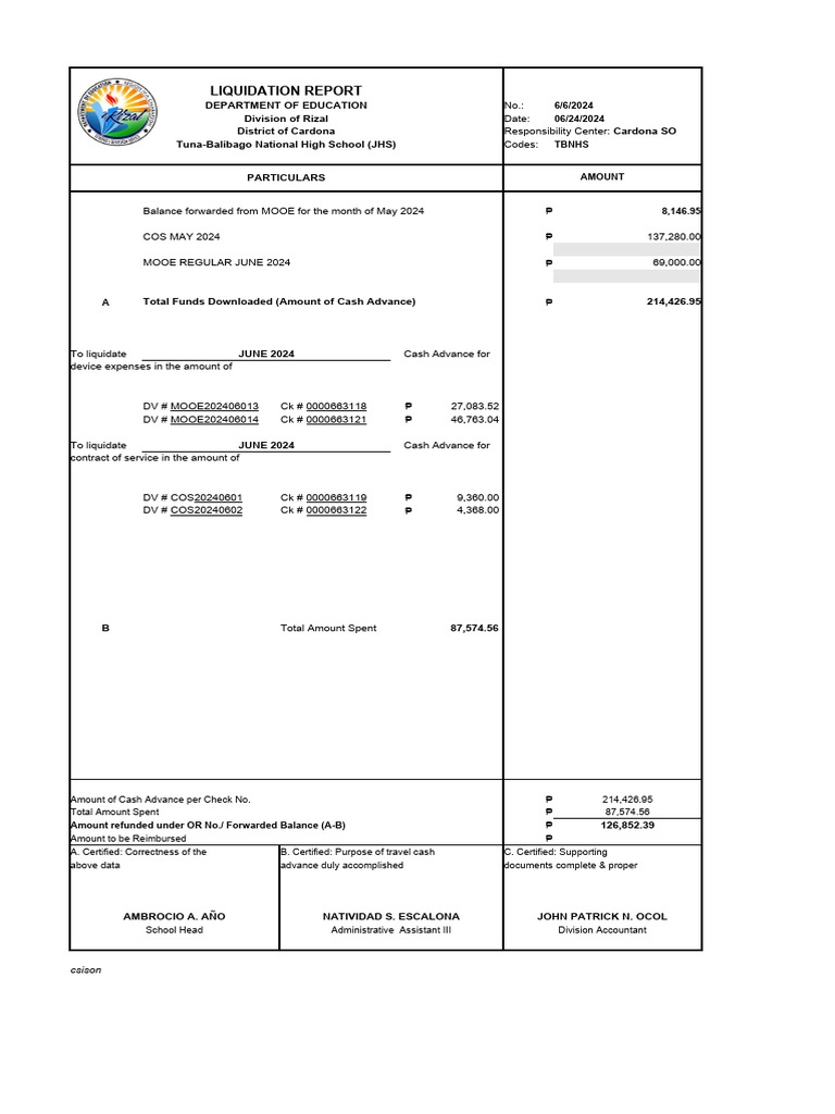 School Liquidation Report Summary | PDF | Credit Card | Bookkeeping