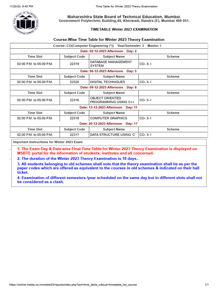 Time Table For Winter 2023 Theory Examination | PDF | Computing ...