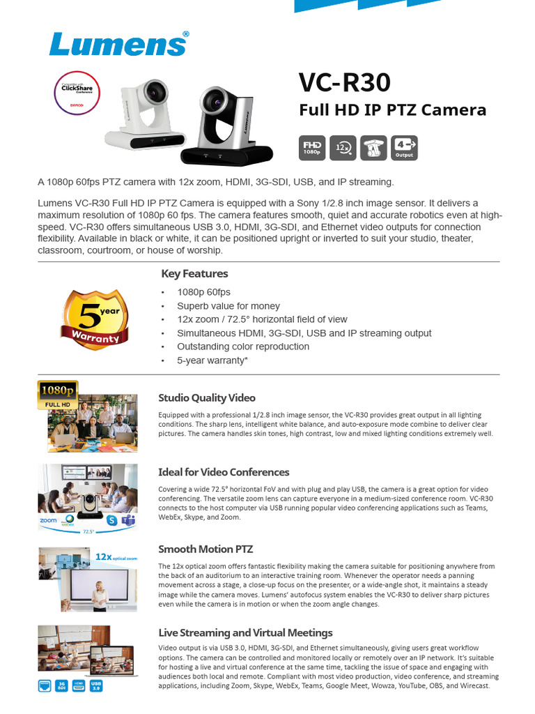 Lumens VC-R30 PTZ Camera Overview | PDF | Camera | Streaming Media