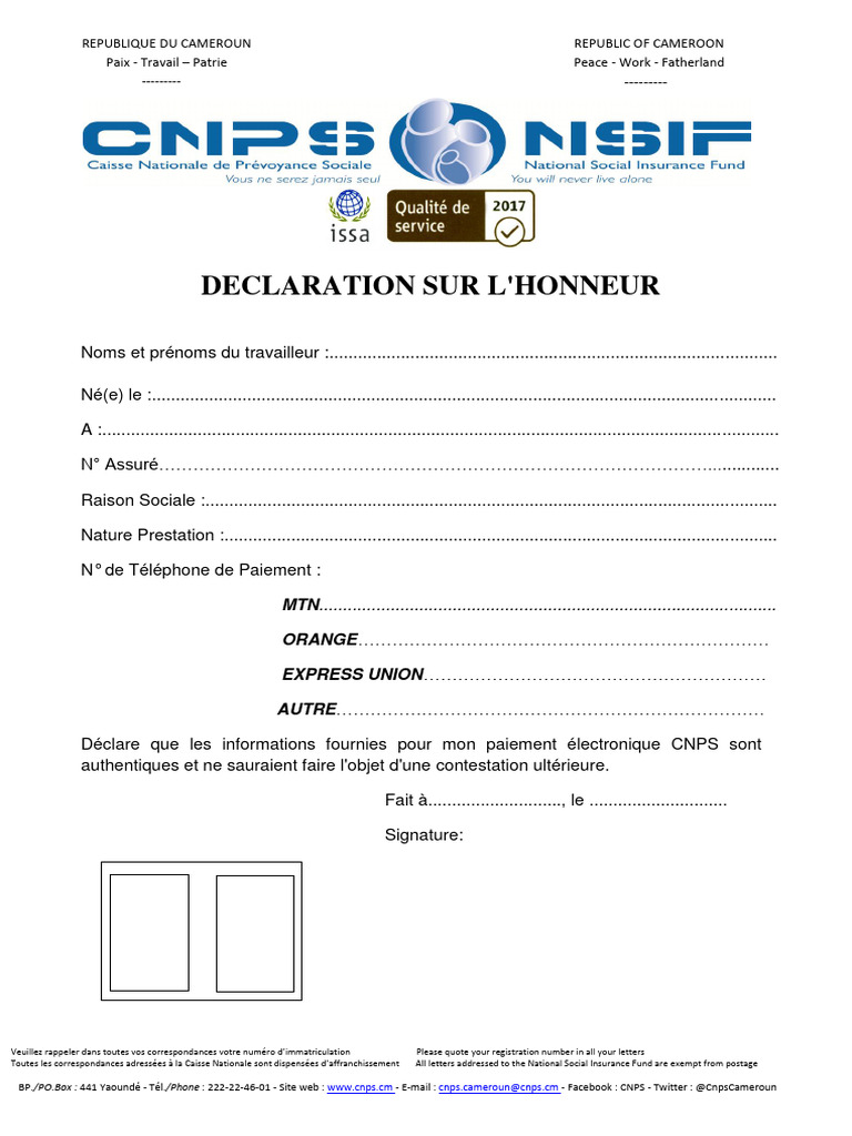 Déclaration sur l'Honneur CNPS Cameroun | PDF