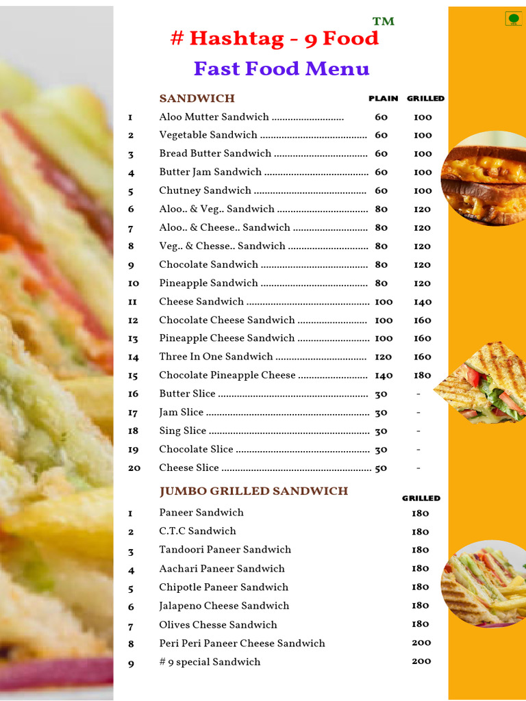 Fast Food Restaurant Menu 220224 | PDF | Sandwich | Hamburgers