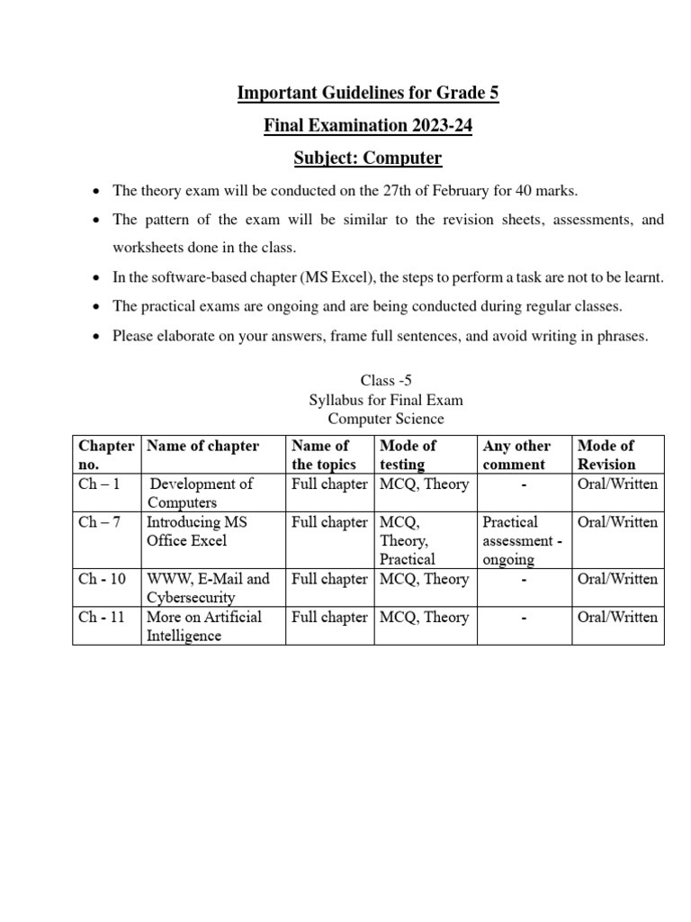 Grade 5 Computer Exam Guidelines 2023-24 | PDF | Artificial ...