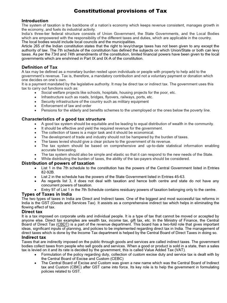 Taxation Provisions in India's Constitution | PDF | Taxes | Excise