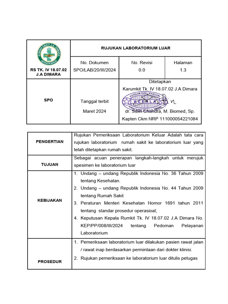 Prosedur Rujukan Laboratorium Luar | PDF