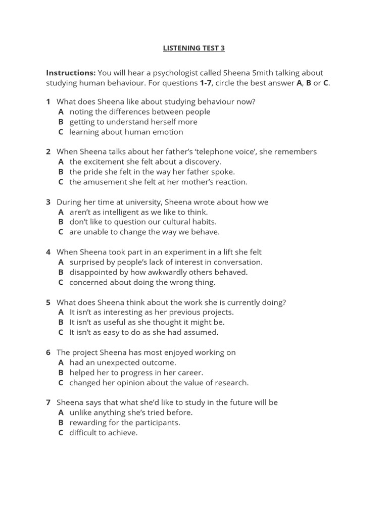 Listening Test on Human Behavior | PDF