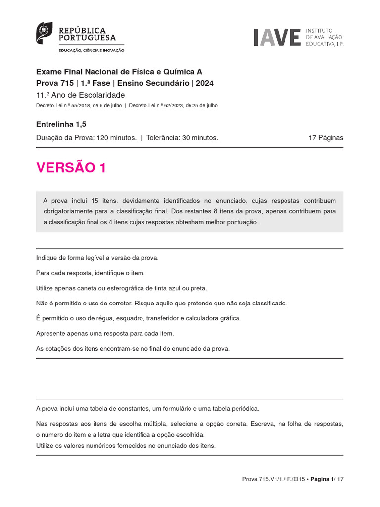 Prova Física e Química A 11º Ano 2024 | PDF | Ácido nítrico | Átomos