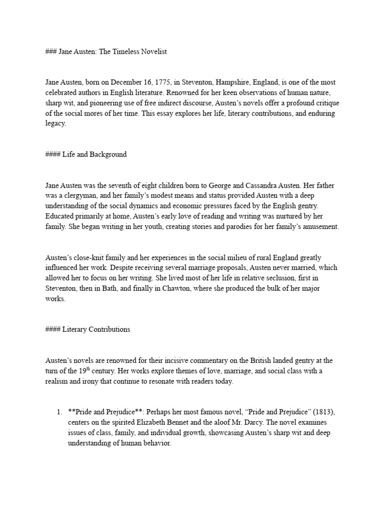 Jane Austen: Life and Literary Legacy | PDF | Jane Austen | Pride And ...