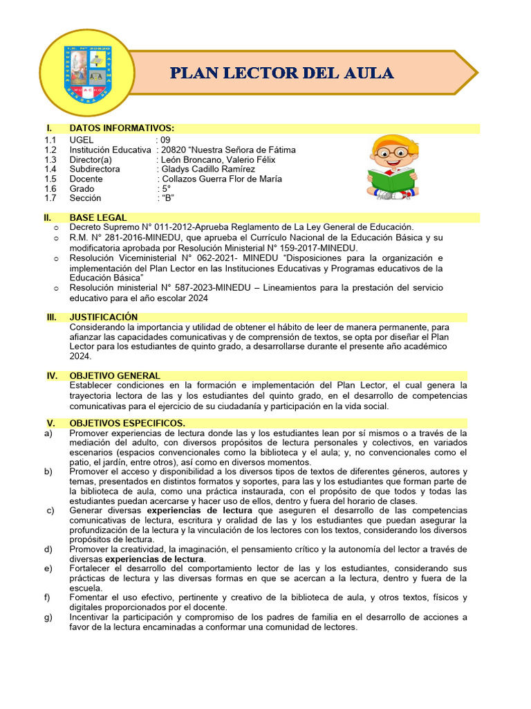 Plan Lector y de Tutoria 5to B Fatima | PDF | Salón de clases | Maestros