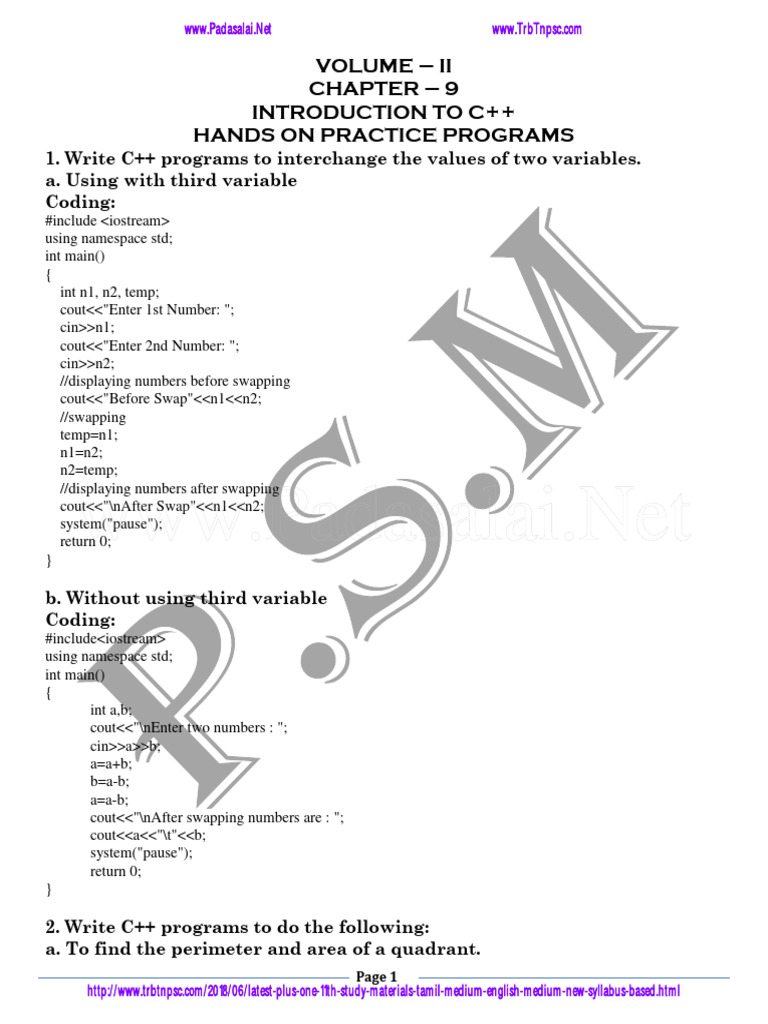 C++ Programming Exercises for Class 11 | PDF | Namespace | Computing