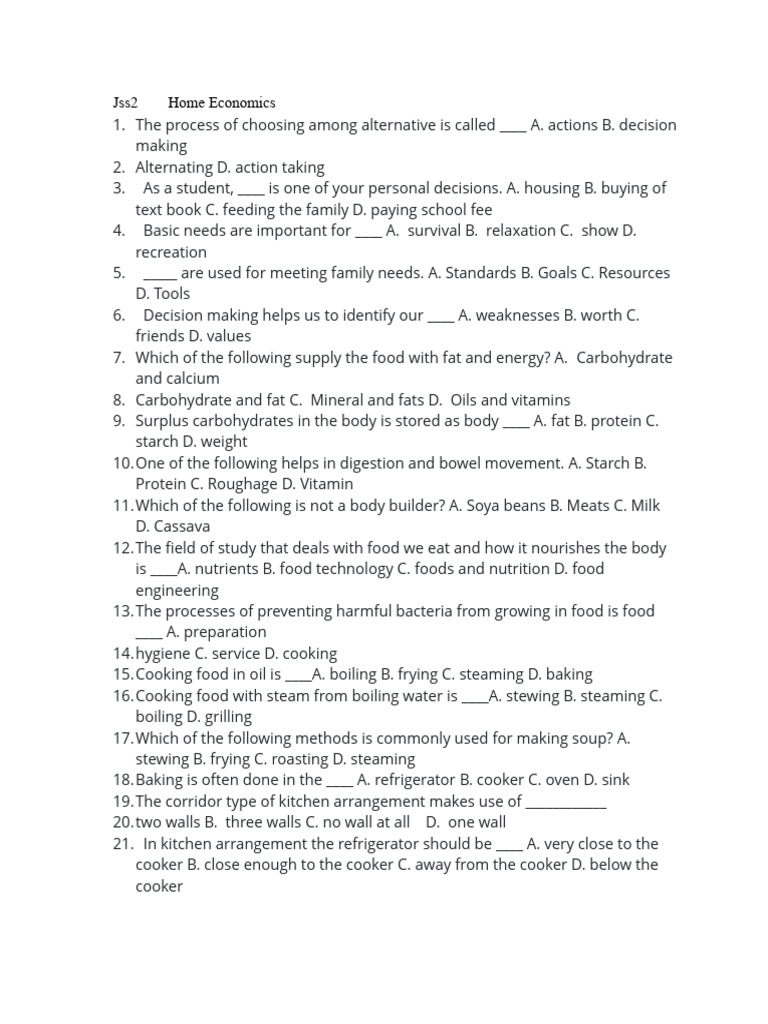 Jss2 home economics third term exam pdf cooking foods