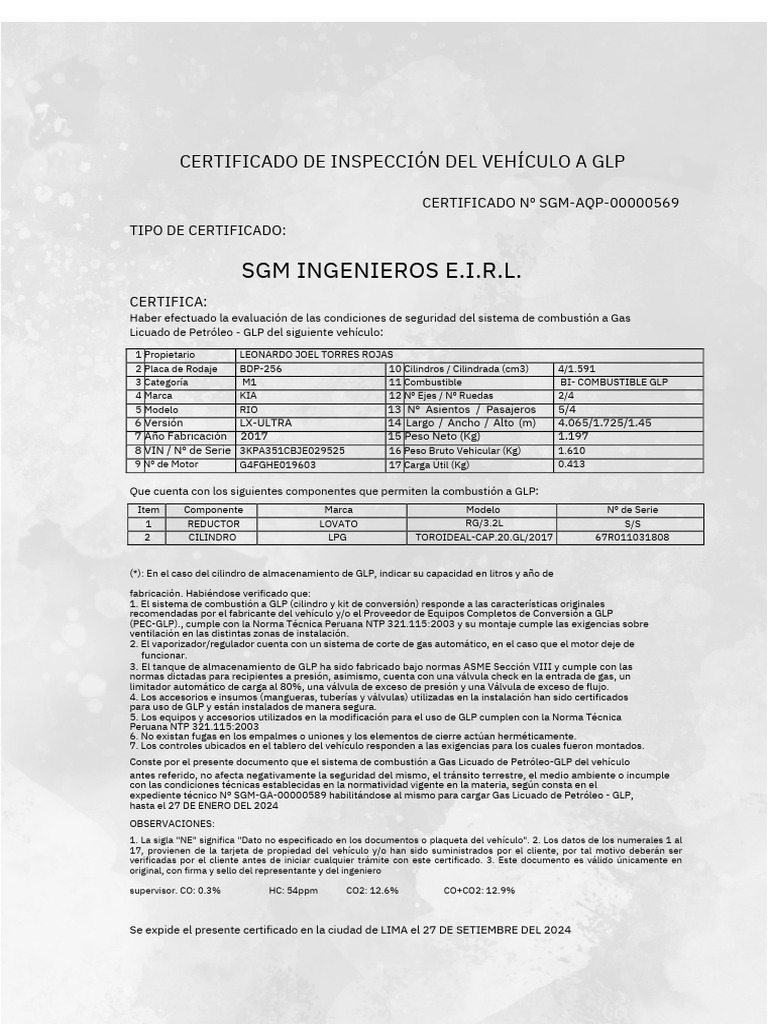 Certificado de Inspección GLP Vehicular | PDF | Gas de petróleo licuado