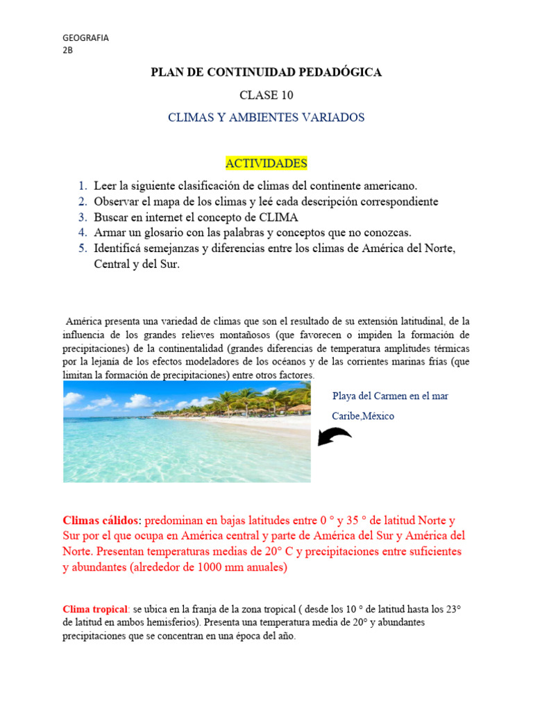 PLAN DE CONTINUIDAD PEDADÓGICA 2do B CLASE 10 | PDF | Clima templado ...