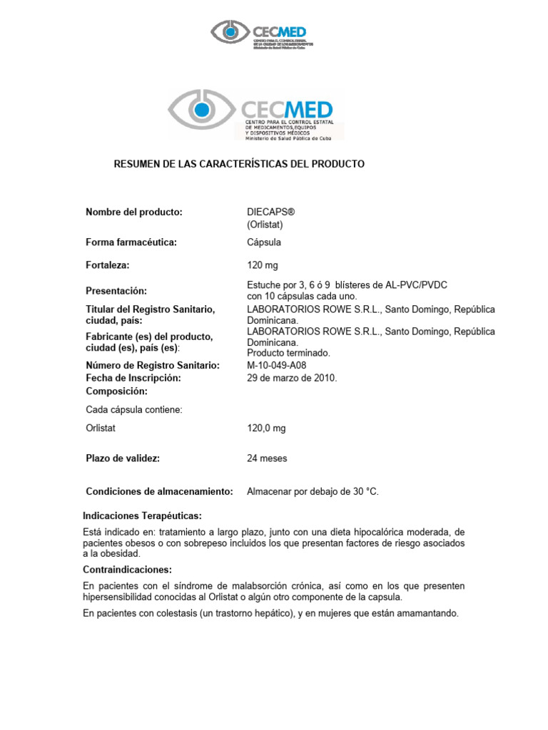 Diecaps 120: Uso y Precauciones | PDF | Farmacocinética | Obesidad