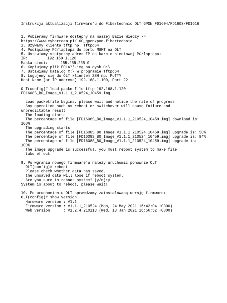 Actualización de firmware OLT GPON | PDF