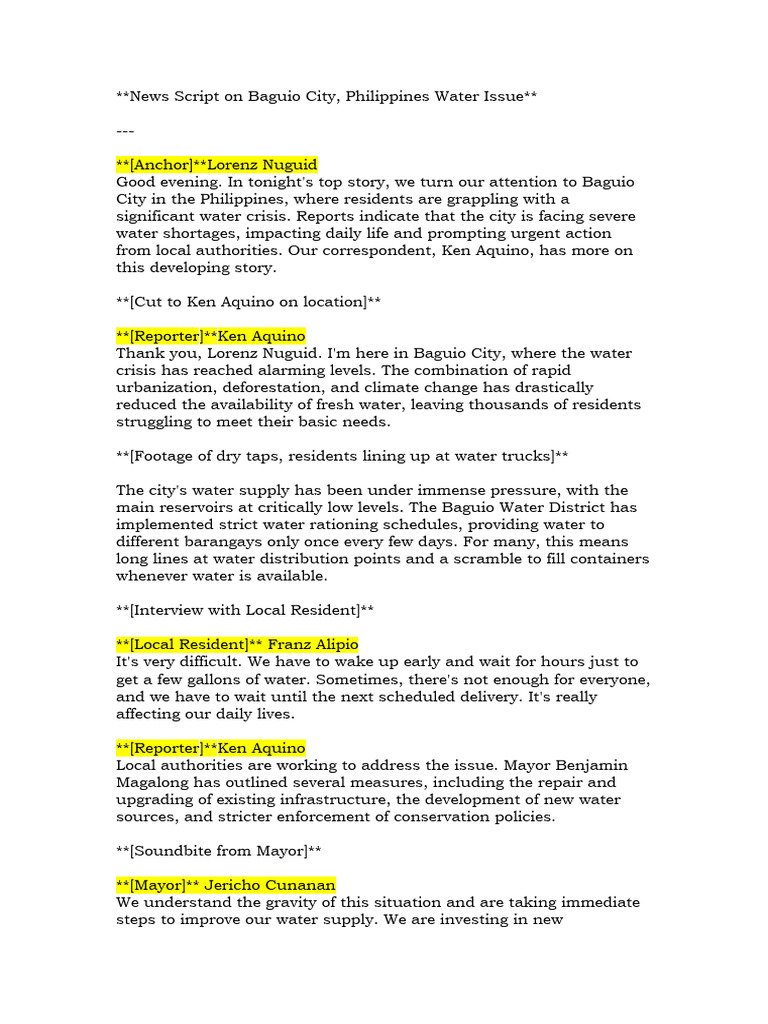 News Script On Baguio City | PDF | Infrastructure | Water