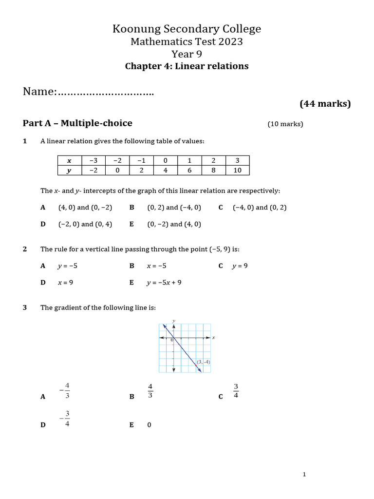 Year 9 Linear Relations Math Test | PDF | Line (Geometry) | Euclidean ...