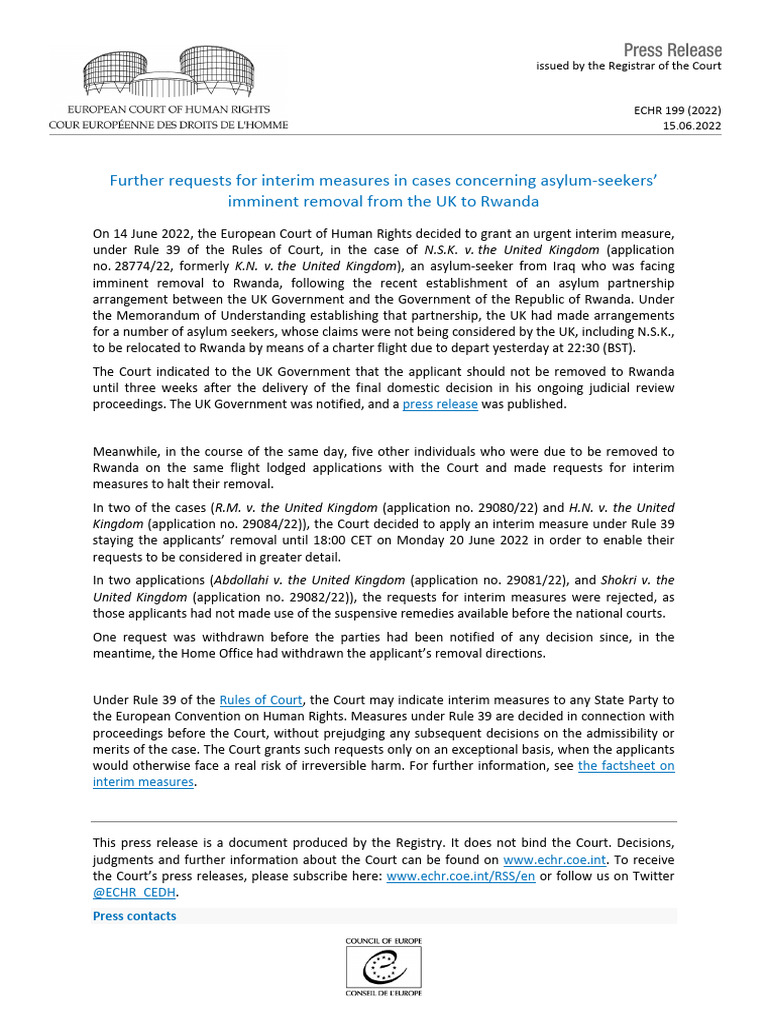 Further Requests For Interim Measures in Cases Concerning Asylum ...
