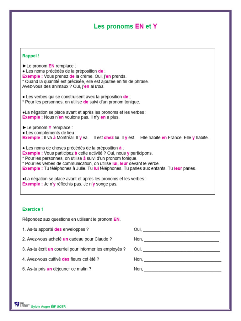 Exercices sur les pronoms EN et Y | PDF | Pronom