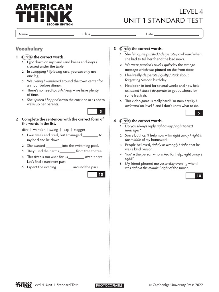 Unit 1 Standard Test for Level 4 | PDF
