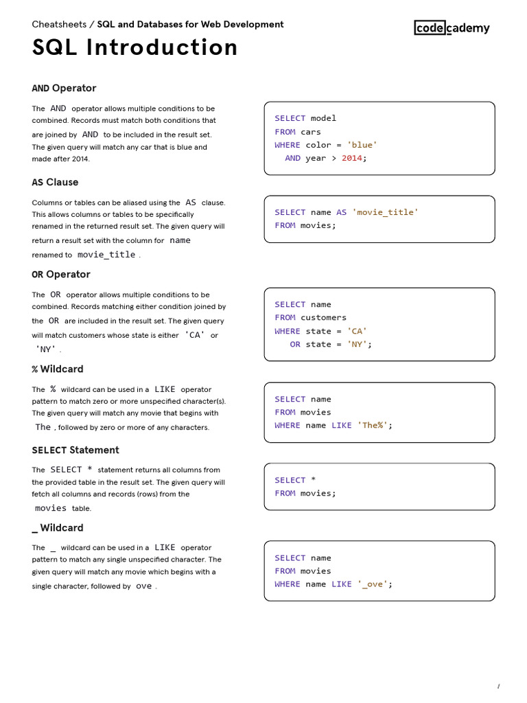 SQL and Databases for Web Development_ SQL Introduction Cheatsheet ...