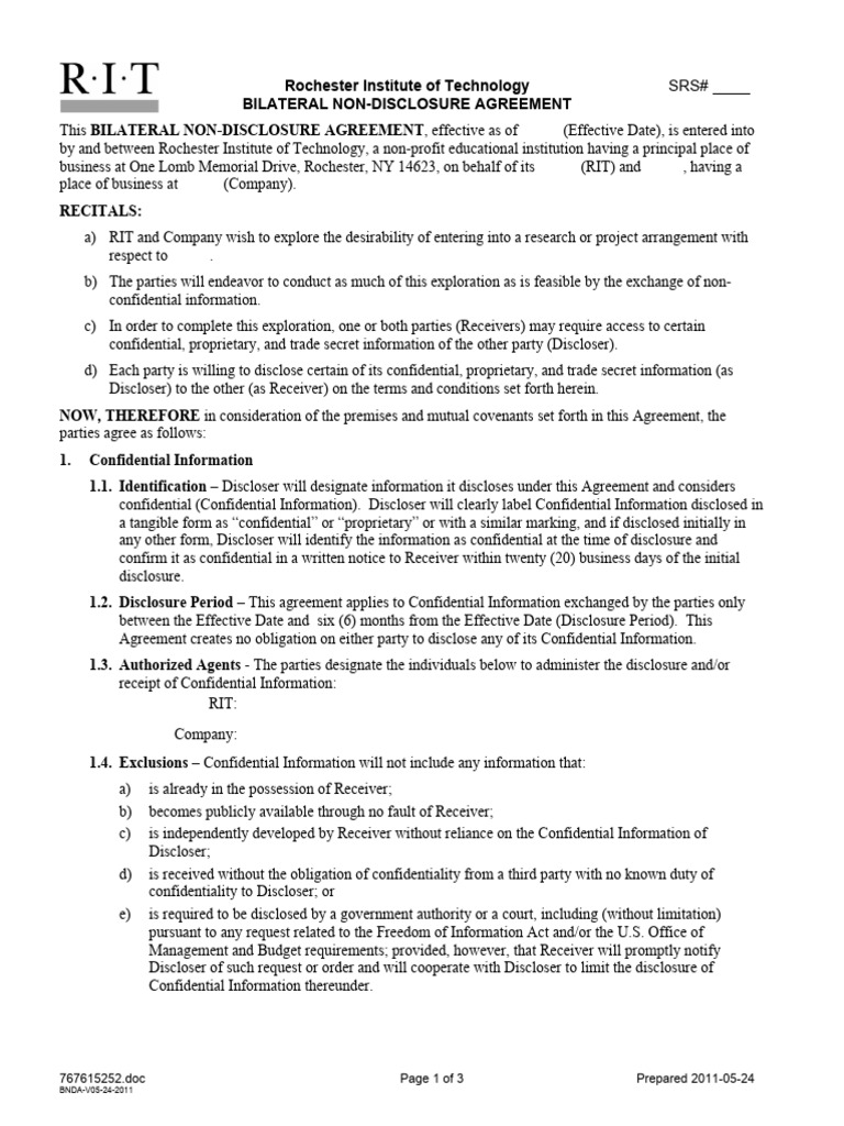 Bilateral Non Disclosure Agreement PDF Non Disclosure Agreement