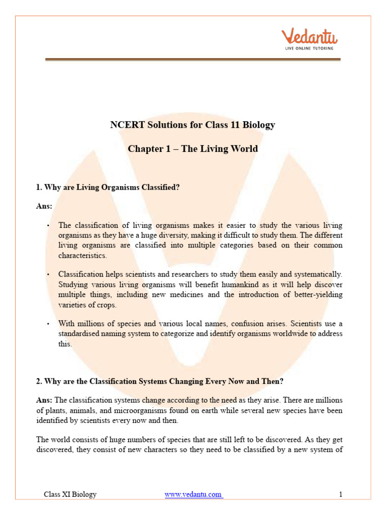 NCERT Solutions For Biology Chapter 1 The Living World Class 11 | PDF ...