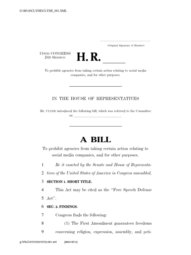 (DAILY CALLER OBTAINED) CLYDE FreeSpeechDefenseAct 118th PDF First Amendment To The United