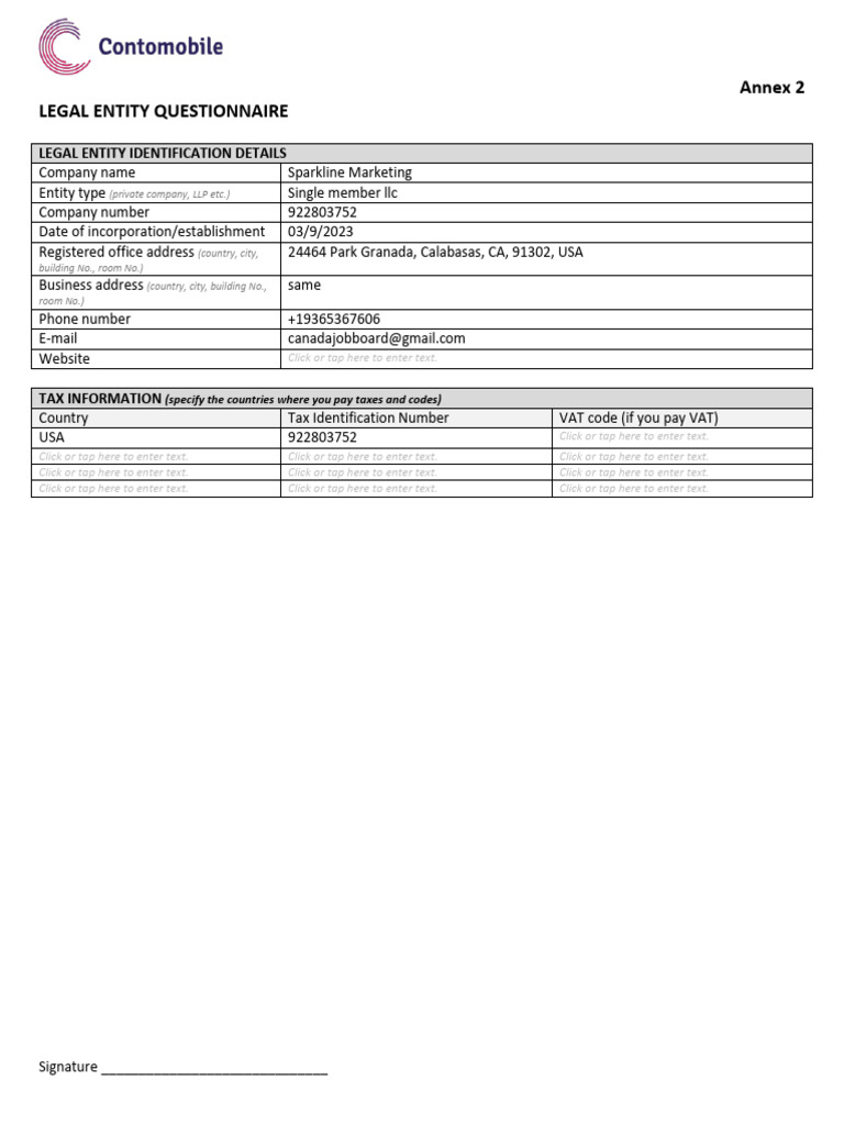 Legal Entity Questionnaire for Sparkline Marketing | PDF | Identity ...