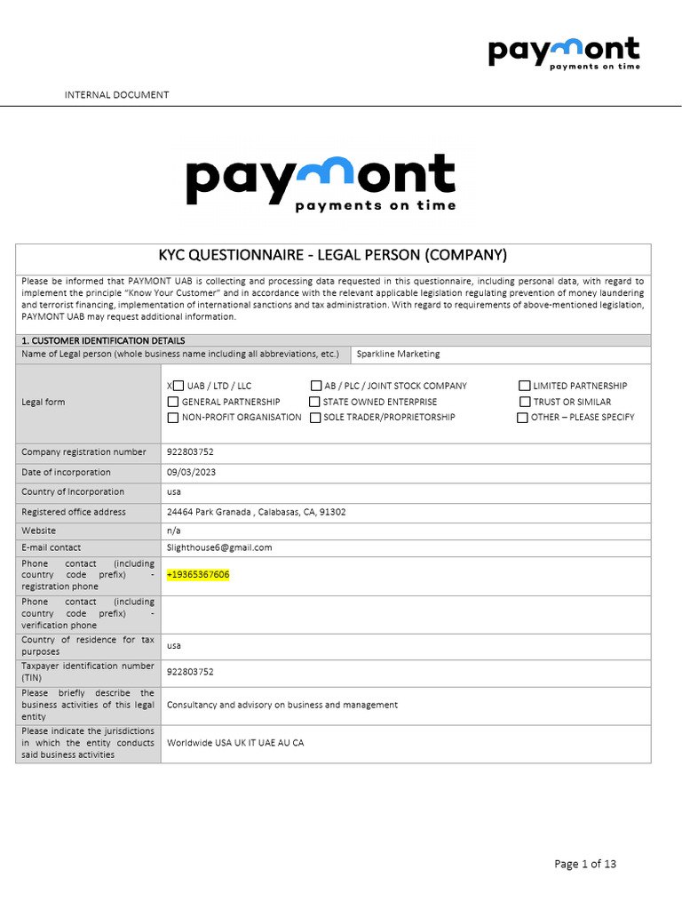 KYC Questionnaire Legal Entity | PDF | Identity Document | Sole ...