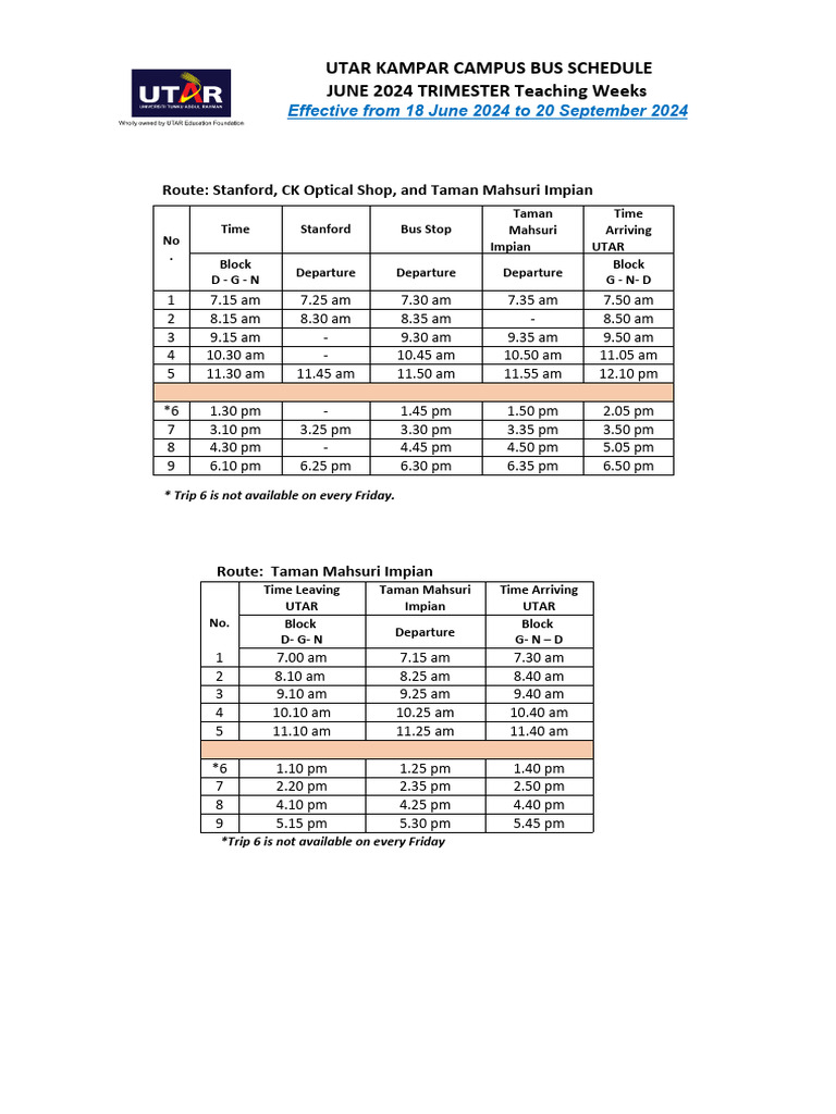 UTAR Kampar Campus Bus Schedule 2024 | PDF | Bus | Motor Vehicle